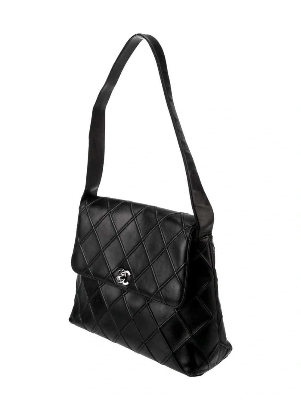 CHANEL Black Quilted Leather Shoulder Bag with Silver CC Hardware